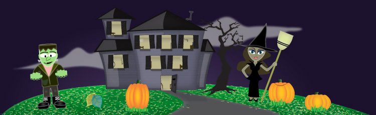 spooky picture of characters and haunted house